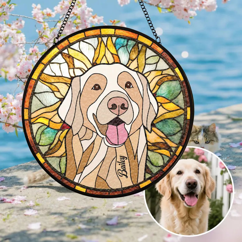 Personalized Pet Memorial Stained Glass Suncatcher – Custom Dog Portrait From Photo, Pet Loss Keepsake Window Hanging Gift