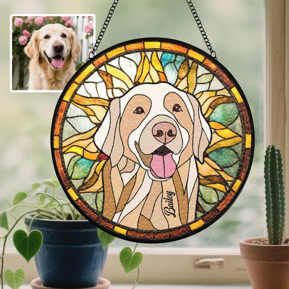 Personalized Pet Memorial Stained Glass Suncatcher – Custom Dog Portrait From Photo, Pet Loss Keepsake Window Hanging Gift