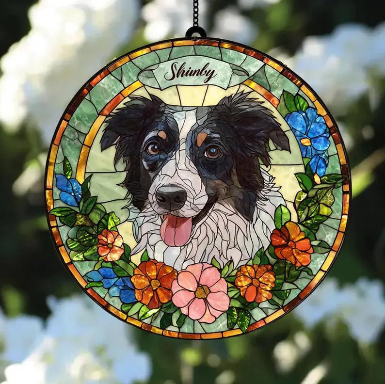 Personalized Pet Portrait Stained Glass Suncatcher – Custom Pet Memorial Window Hanging, Pet Lover Keepsake Gift