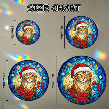 Personalized Christmas Cat Stained Glass Suncatcher – Santa Hat Cat Window Hanging Holiday Decor Gift