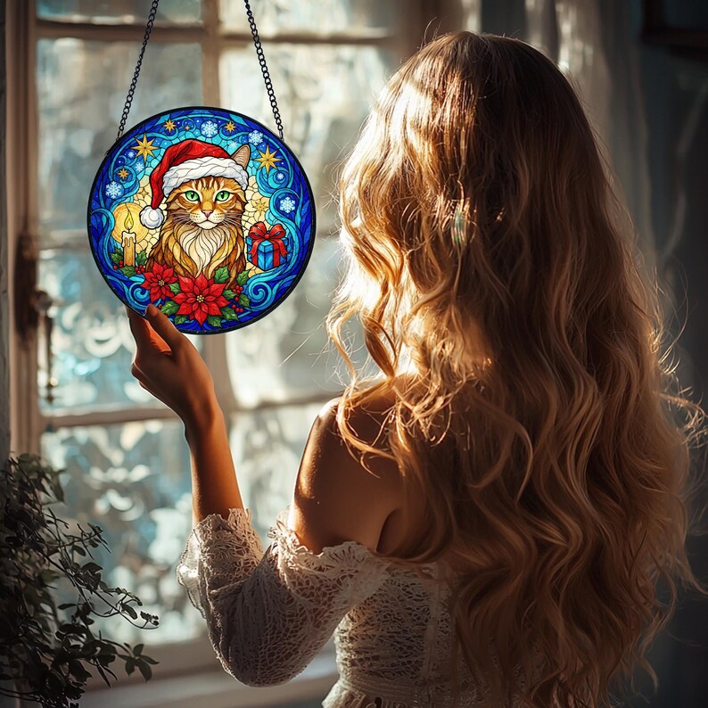 Personalized Christmas Cat Stained Glass Suncatcher – Santa Hat Cat Window Hanging Holiday Decor Gift