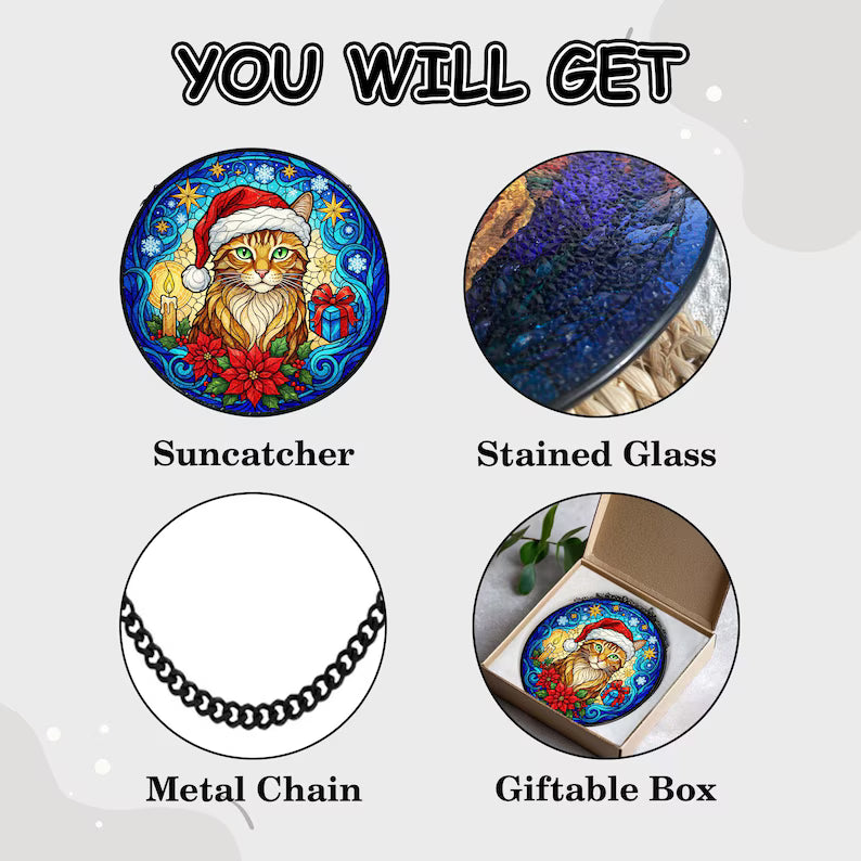 Personalized Christmas Cat Stained Glass Suncatcher – Santa Hat Cat Window Hanging Holiday Decor Gift