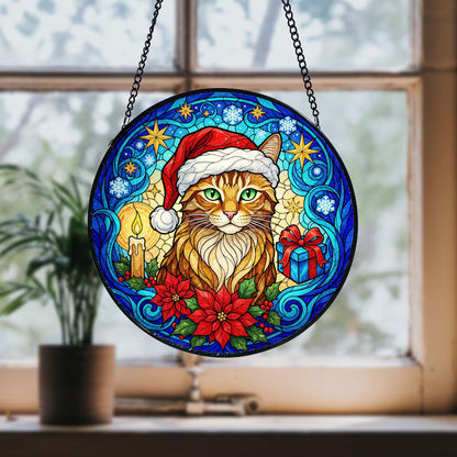 Personalized Christmas Cat Stained Glass Suncatcher – Santa Hat Cat Window Hanging Holiday Decor Gift