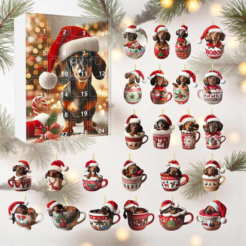 2D Acrylic Dachshund Christmas Advent Calendar 2026, 24-Day Wiener Dog Countdown, Cute Dog Lover Christmas Gift