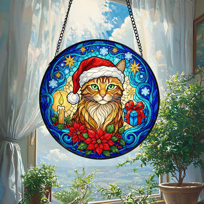 Personalized Christmas Cat Stained Glass Suncatcher – Santa Hat Cat Window Hanging Holiday Decor Gift