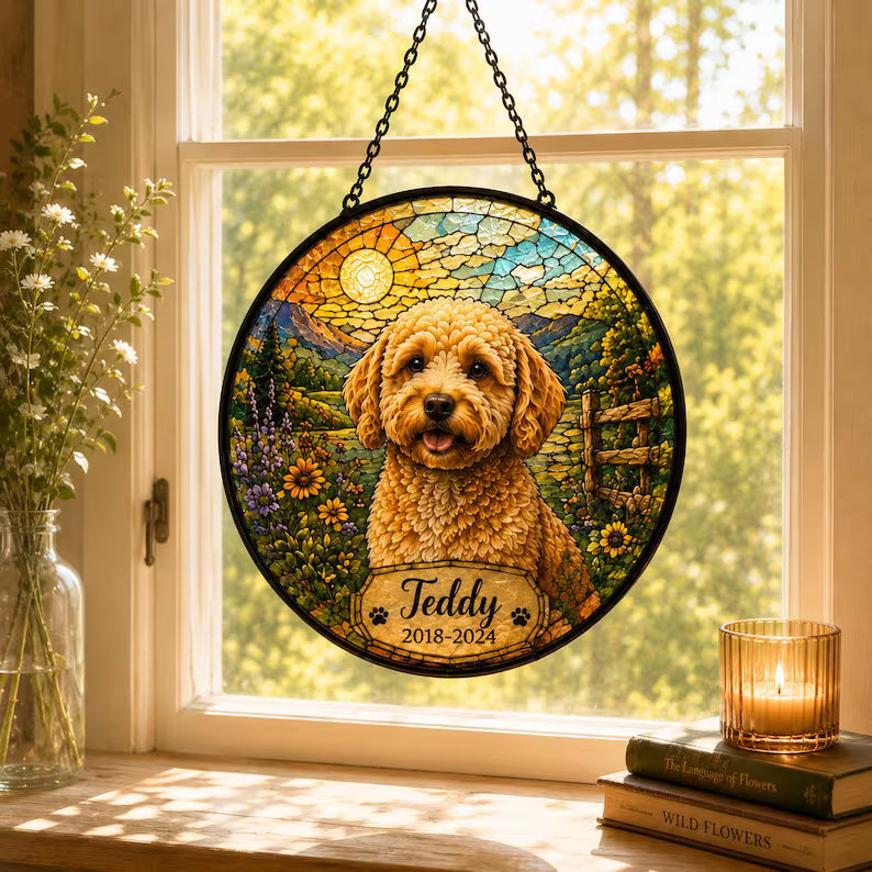 Personalized Pet Memorial Glass Suncatcher – Custom Dog or Cat Portrait with Name & Memorial Dates