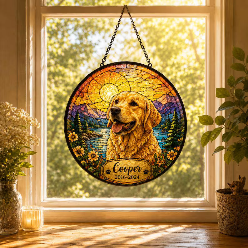 Personalized Pet Memorial Glass Suncatcher – Custom Dog or Cat Portrait with Name & Memorial Dates