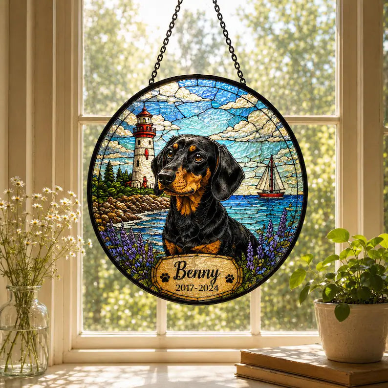 Personalized Pet Memorial Glass Suncatcher – Custom Dog or Cat Portrait with Name & Memorial Dates