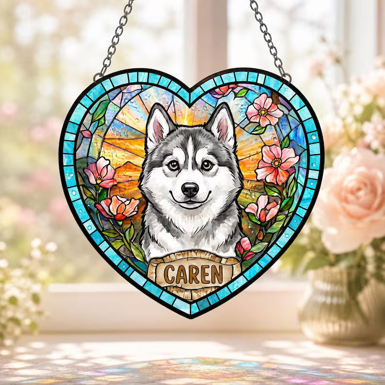 Custom Pet Portrait Glass Suncatcher – Personalized Dog or Cat Photo Memorial Gift, Heart Design