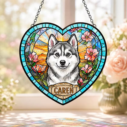 Custom Pet Portrait Glass Suncatcher – Personalized Dog or Cat Photo Memorial Gift, Heart Design