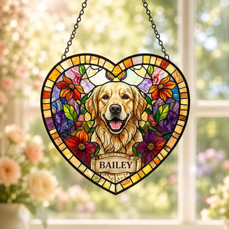 Custom Pet Portrait Glass Suncatcher – Personalized Dog or Cat Photo Memorial Gift, Heart Design