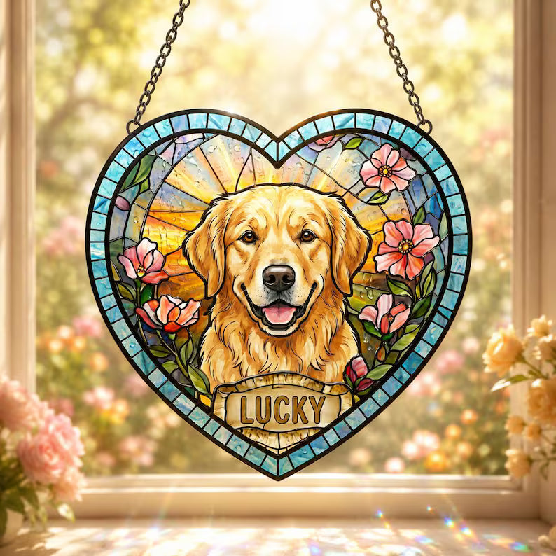 Custom Pet Portrait Glass Suncatcher – Personalized Dog or Cat Photo Memorial Gift, Heart Design