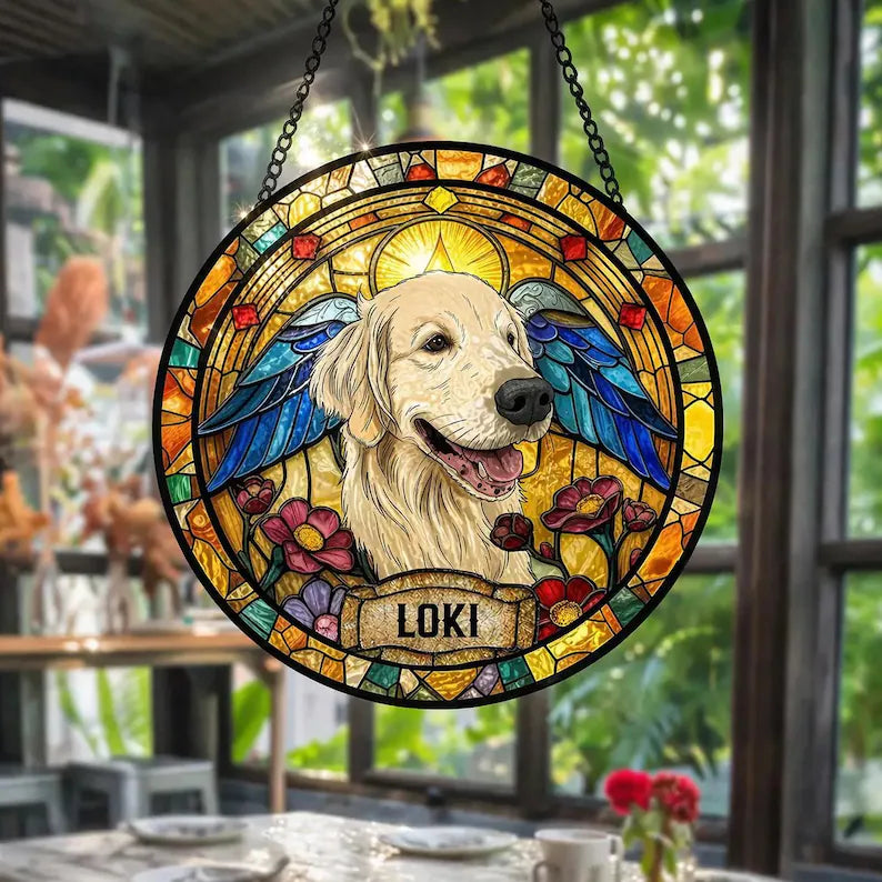 Custom Pet Portrait Stained Glass Suncatcher – Personalized Dog or Cat Photo Memorial Gift