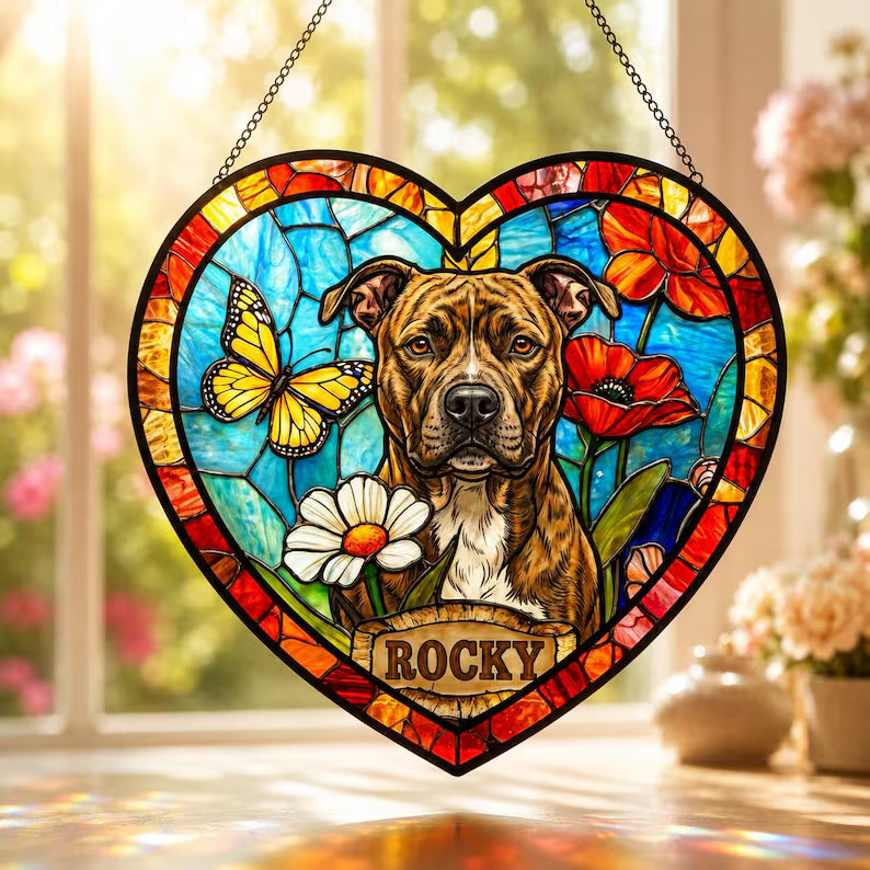Custom Pet Portrait Glass Suncatcher – Personalized Dog or Cat Photo Memorial Gift, Heart Design