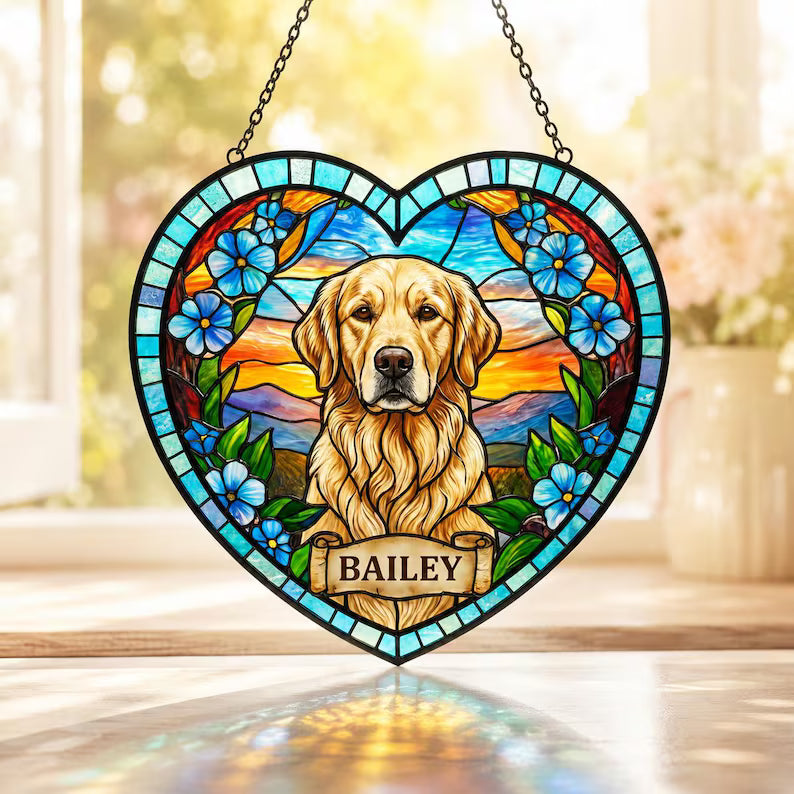 Custom Pet Portrait Glass Suncatcher – Personalized Dog or Cat Photo Memorial Gift, Heart Design