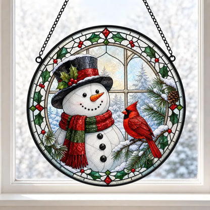 Festive Snowman & Cardinal Christmas Glass Suncatcher – Snowy Window Friend Round Stained Glass Style Hanging Decor