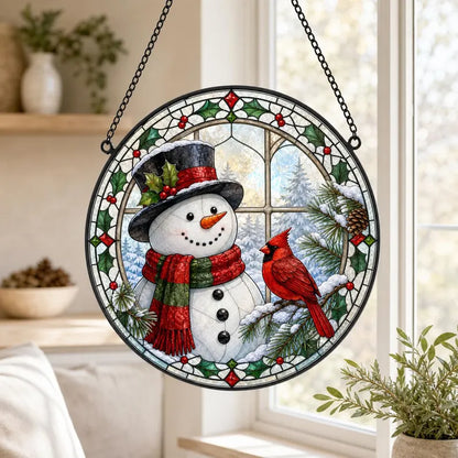 Festive Snowman & Cardinal Christmas Glass Suncatcher – Snowy Window Friend Round Stained Glass Style Hanging Decor