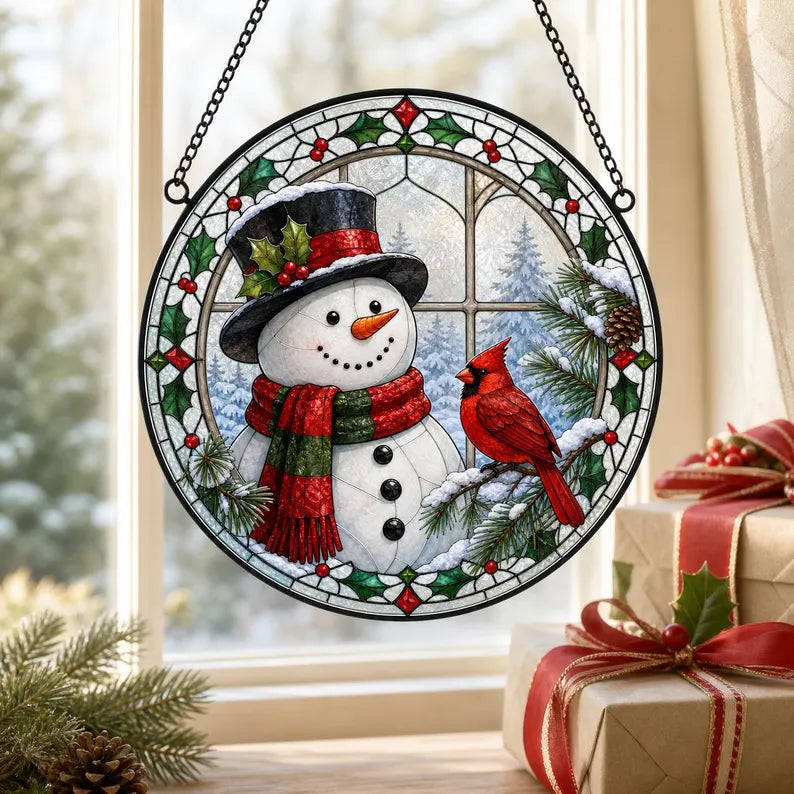 Festive Snowman & Cardinal Christmas Glass Suncatcher – Snowy Window Friend Round Stained Glass Style Hanging Decor