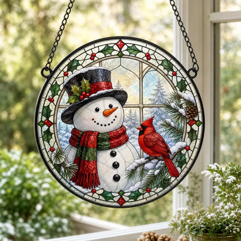 Festive Snowman & Cardinal Christmas Glass Suncatcher – Snowy Window Friend Round Stained Glass Style Hanging Decor
