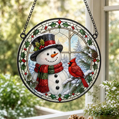 Festive Snowman & Cardinal Christmas Glass Suncatcher – Snowy Window Friend Round Stained Glass Style Hanging Decor
