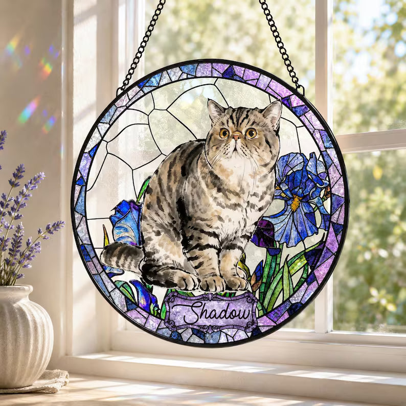 Personalized Pet Memorial Stained Glass Suncatcher – Custom Pet Portrait From Photo, Pet Loss Window Hanging Keepsake