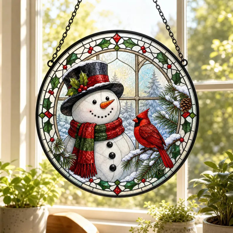 Festive Snowman & Cardinal Christmas Glass Suncatcher – Snowy Window Friend Round Stained Glass Style Hanging Decor