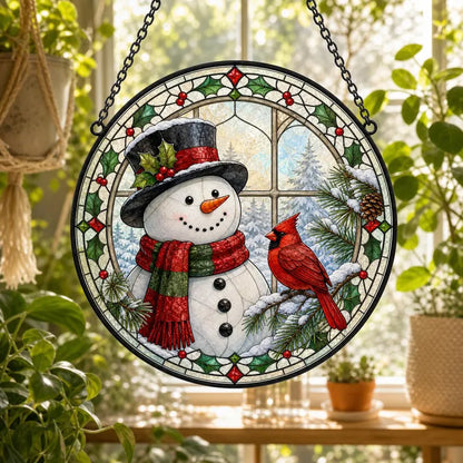 Festive Snowman & Cardinal Christmas Glass Suncatcher – Snowy Window Friend Round Stained Glass Style Hanging Decor