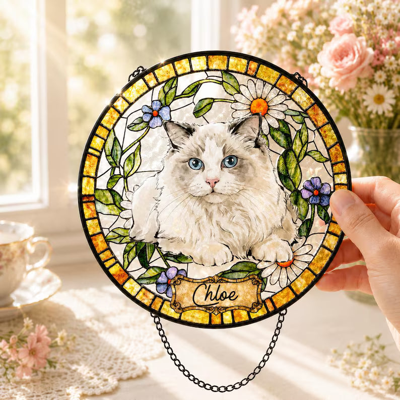 Personalized Pet Memorial Stained Glass Suncatcher – Custom Pet Portrait From Photo, Pet Loss Window Hanging Keepsake