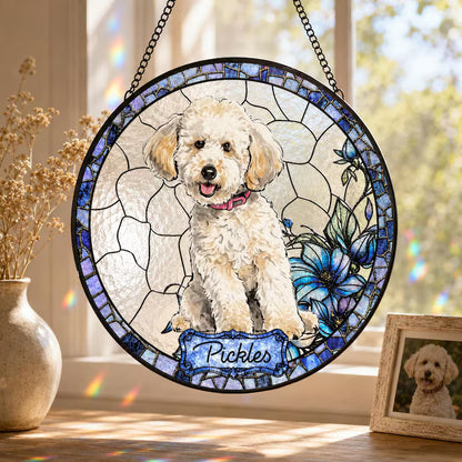 Personalized Pet Memorial Stained Glass Suncatcher – Custom Pet Portrait From Photo, Pet Loss Window Hanging Keepsake