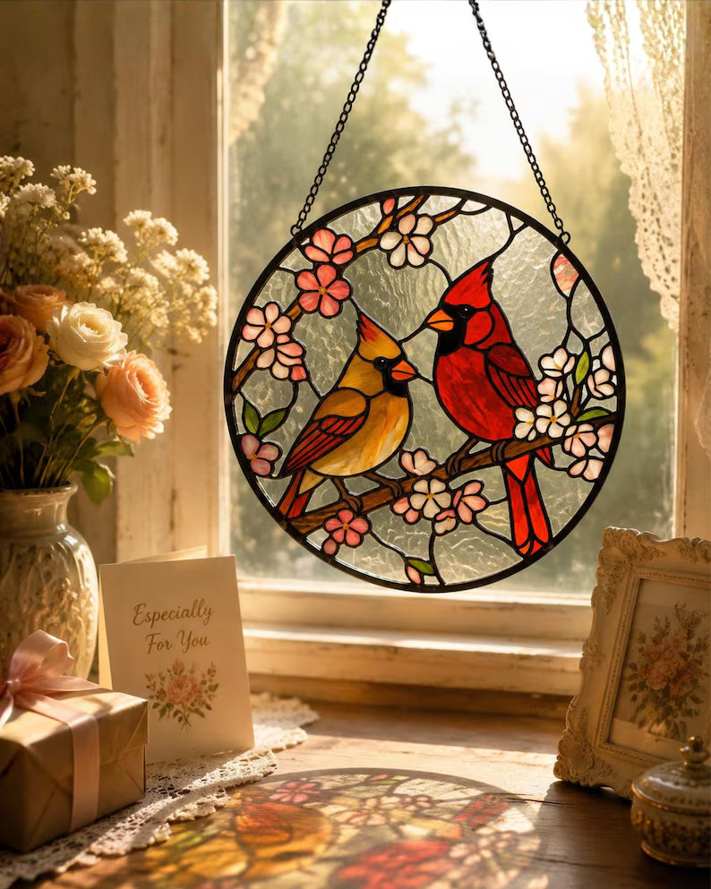 Elegant Cardinal Stained Glass Suncatcher – Two Red Birds Memorial Window Hanging, Sympathy Remembrance Gift
