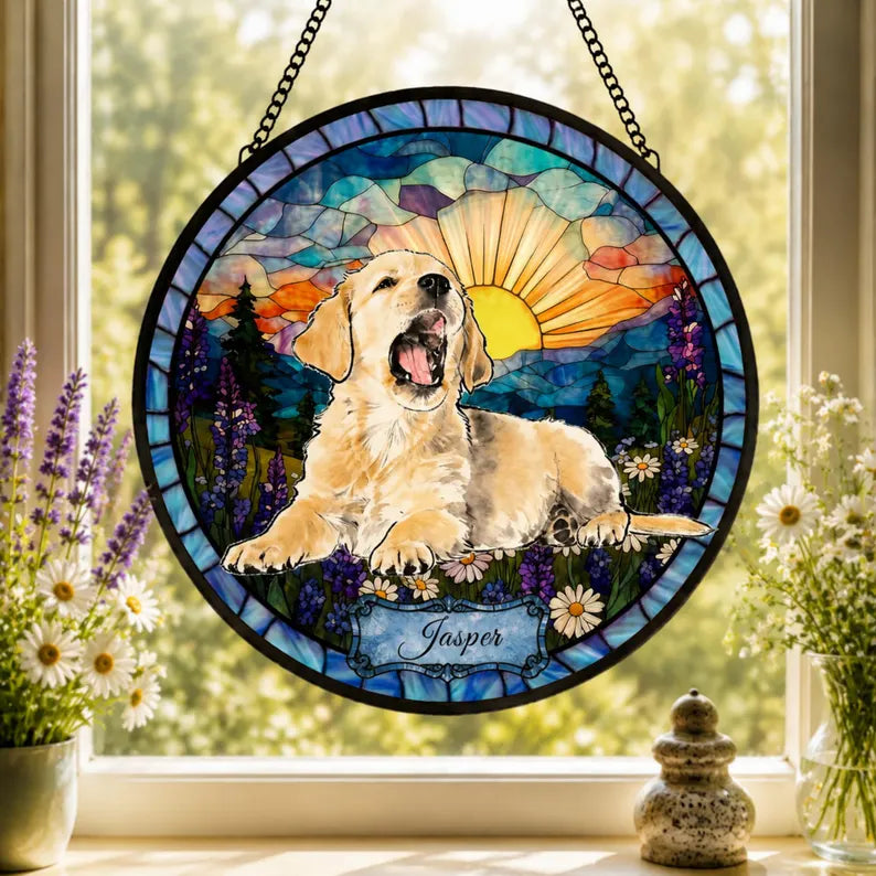 Personalized Pet Memorial Stained Glass Suncatcher – Custom Pet Portrait From Photo, Pet Loss Keepsake Window Hanging Gift
