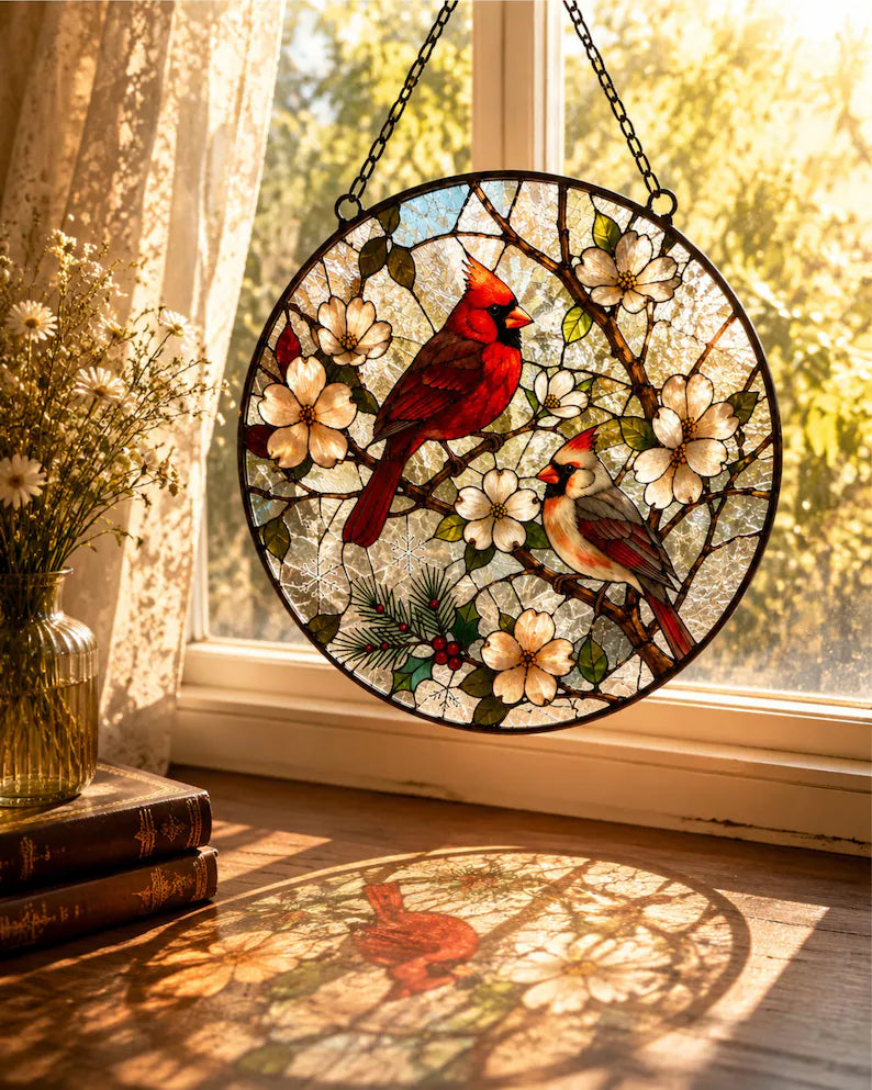 Elegant Cardinal Stained Glass Suncatcher – Two Red Birds Memorial Window Hanging, Sympathy Remembrance Gift