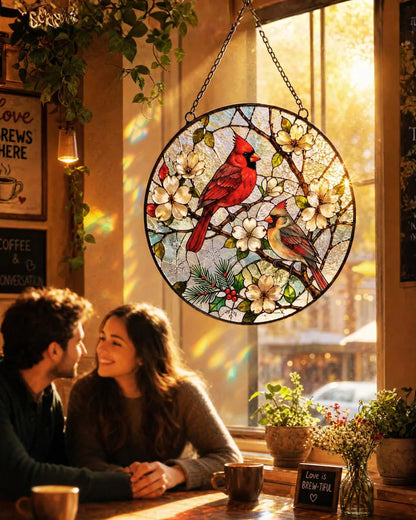 Elegant Cardinal Stained Glass Suncatcher – Two Red Birds Memorial Window Hanging, Sympathy Remembrance Gift