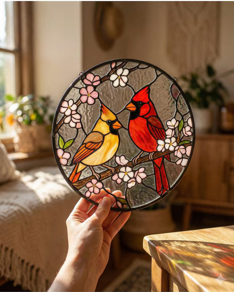 Elegant Cardinal Stained Glass Suncatcher – Two Red Birds Memorial Window Hanging, Sympathy Remembrance Gift
