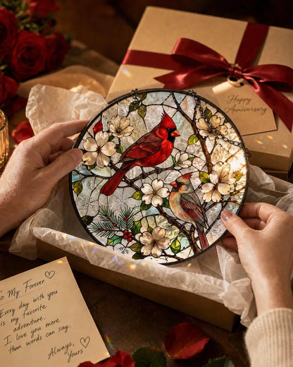 Elegant Cardinal Stained Glass Suncatcher – Two Red Birds Memorial Window Hanging, Sympathy Remembrance Gift