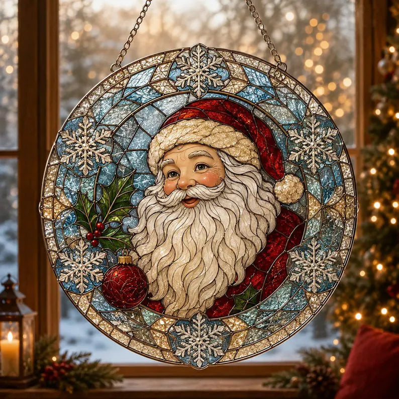 Festive Santa Claus Stained Glass Suncatcher – Christmas Window Hanging Ornament, Holiday Home Decor & Christmas Gift