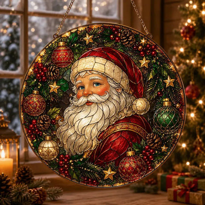 Festive Santa Claus Stained Glass Suncatcher – Christmas Window Hanging Ornament, Holiday Home Decor & Christmas Gift
