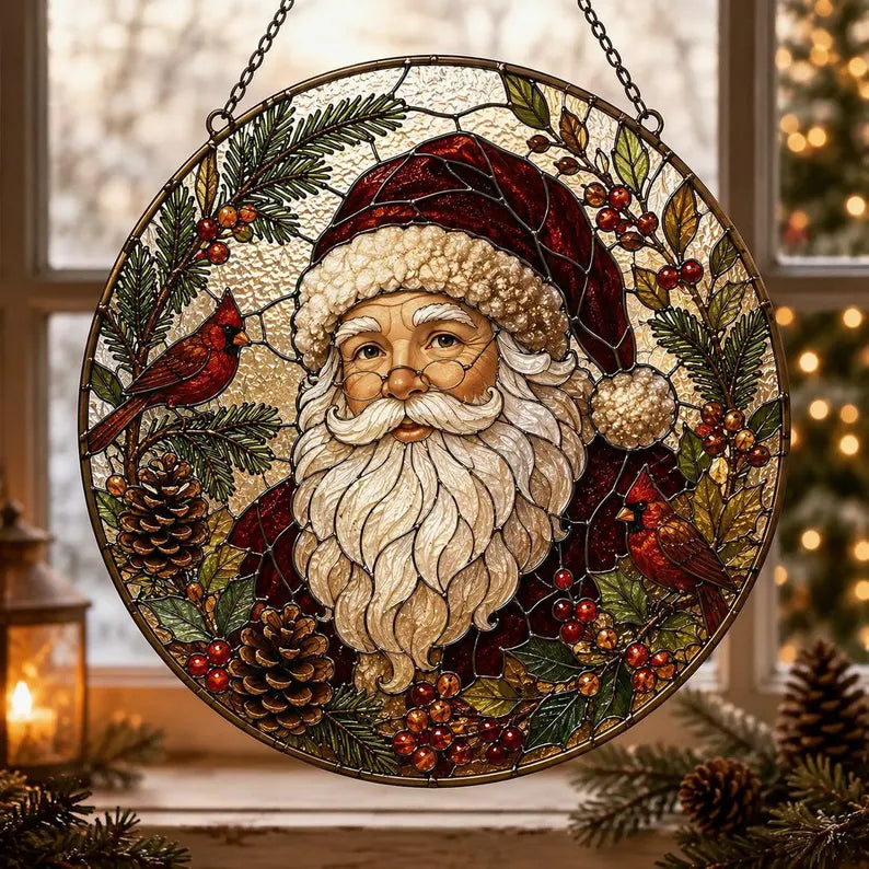 Festive Santa Claus Stained Glass Suncatcher – Christmas Window Hanging Ornament, Holiday Home Decor & Christmas Gift