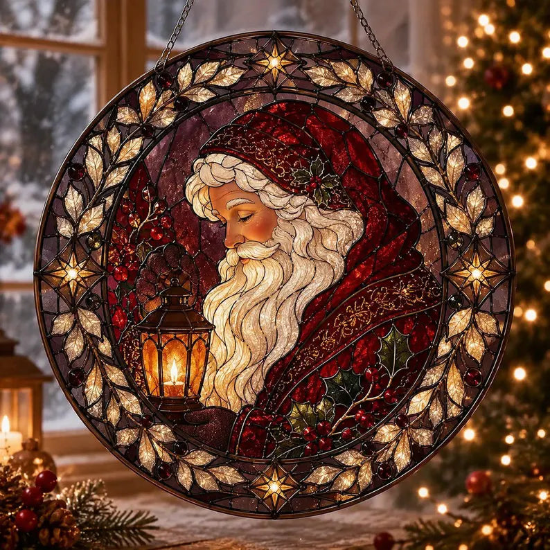 Festive Santa Claus Stained Glass Suncatcher – Christmas Window Hanging Ornament, Holiday Home Decor & Christmas Gift