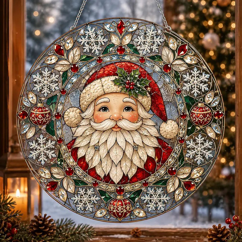 Festive Santa Claus Stained Glass Suncatcher – Christmas Window Hanging Ornament, Holiday Home Decor & Christmas Gift