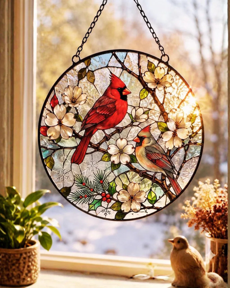 Elegant Cardinal Stained Glass Suncatcher – Two Red Birds Memorial Window Hanging, Sympathy Remembrance Gift