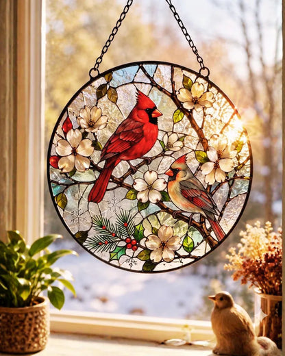 Elegant Cardinal Stained Glass Suncatcher – Two Red Birds Memorial Window Hanging, Sympathy Remembrance Gift