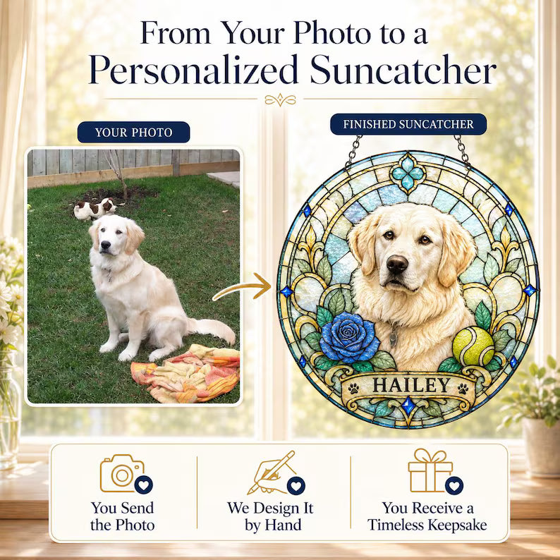 Personalized Pet Portrait Stained Glass Suncatcher – Custom Pet Photo Window Hanging, Unique Pet Lover Keepsake Gift