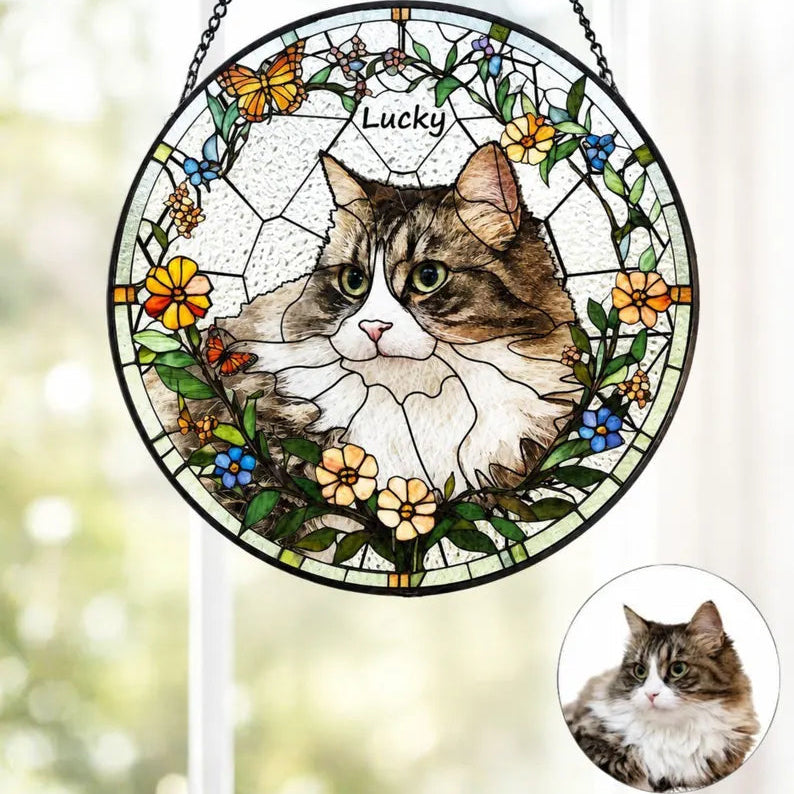 Personalized Pet Memorial Stained Glass Suncatcher – Custom Pet Portrait From Photo, Pet Loss Sympathy Keepsake Gift