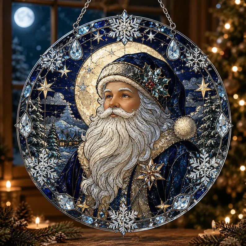 Festive Santa Claus Stained Glass Suncatcher – Christmas Window Hanging Ornament, Holiday Home Decor & Christmas Gift