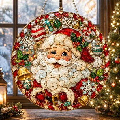 Festive Santa Claus Stained Glass Suncatcher – Christmas Window Hanging Ornament, Holiday Home Decor & Christmas Gift