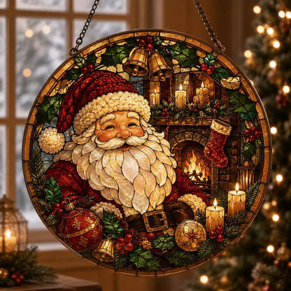 Festive Santa Claus Stained Glass Suncatcher – Christmas Window Hanging Ornament, Holiday Home Decor & Christmas Gift