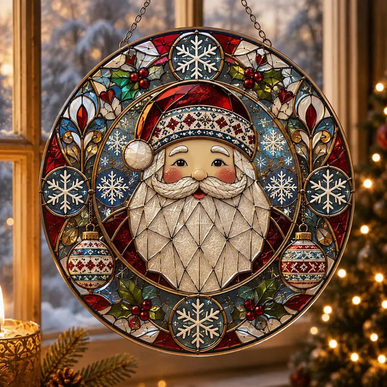 Festive Santa Claus Stained Glass Suncatcher – Christmas Window Hanging Ornament, Holiday Home Decor & Christmas Gift
