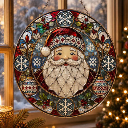 Festive Santa Claus Stained Glass Suncatcher – Christmas Window Hanging Ornament, Holiday Home Decor & Christmas Gift
