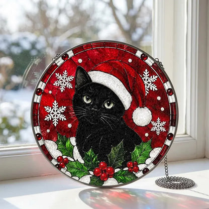 Festive Black Cat Christmas Stained Glass Suncatcher – Cute Cat Window Hanging Ornament, Holiday Decor & Gift for Cat Lovers